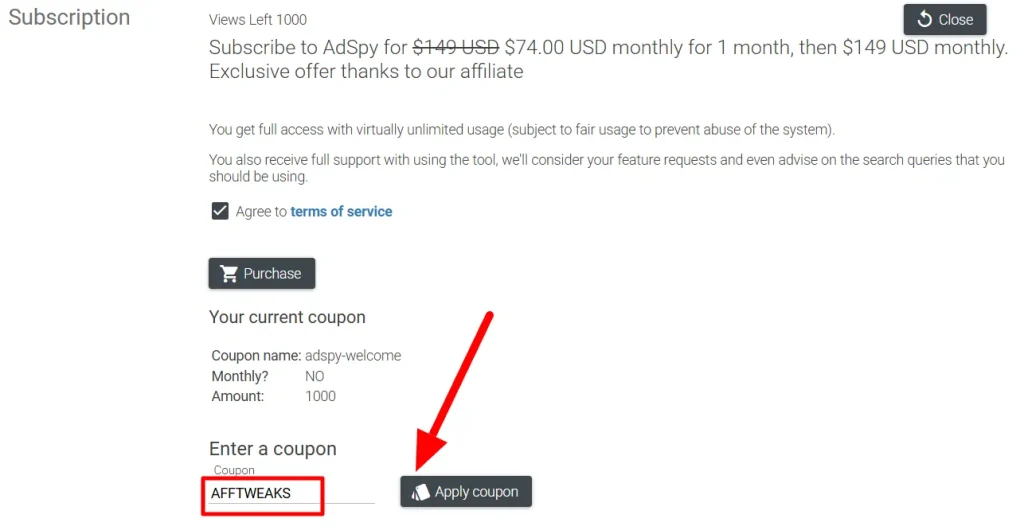Applying Adspy Coupon code