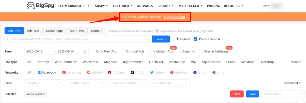 BigSpy Free Plan- 5 daily queries