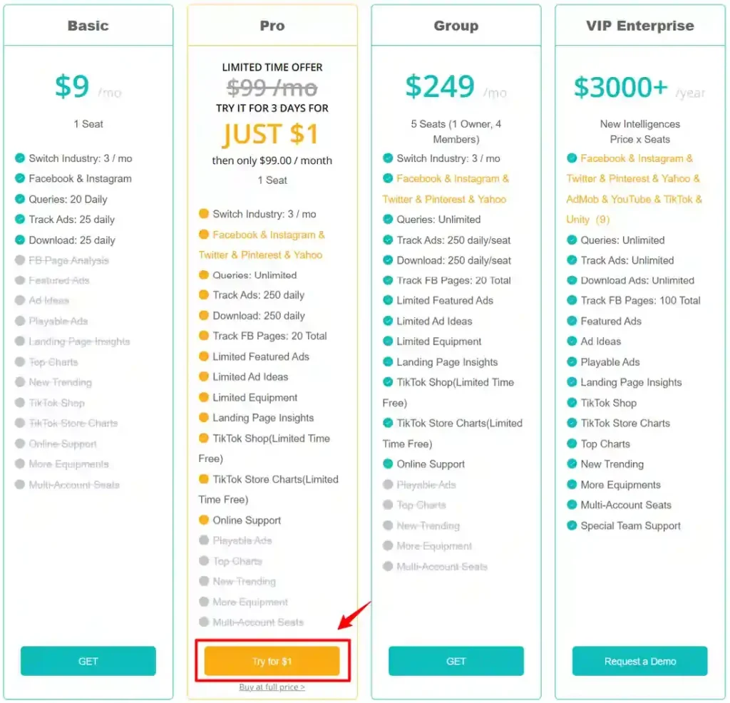 BigSpy Pricing Plan