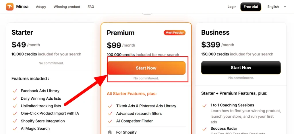 Click on Minea Upgrade Button