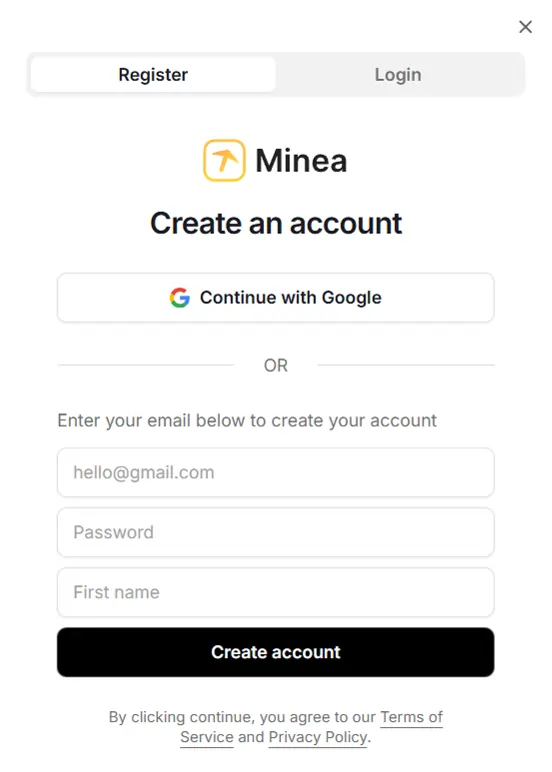 Minea Create Your Account Page