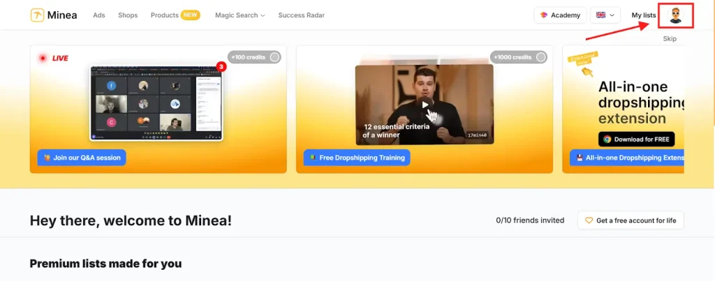 Minea Profile Icon on the Dashboard