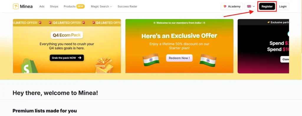 Minea Registration Page